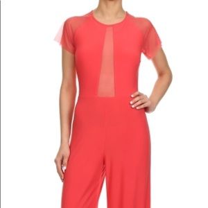 Coral short sleeve Jumpsuit with mesh